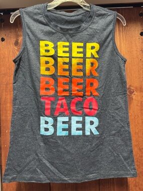 Graphic 'Beer Taco' Muscle Tee - Charcoal with Multicolor Print